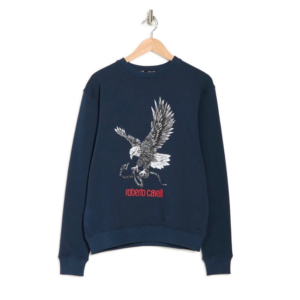 Roberto Cavalli Graphic Crew Neck Sweater Navy Blue Size M New w/ Tag MSRP $395